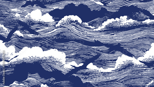 Dramatic Japanese-style background with white crashing waves and birds against a navy blue sky. Features intricate hand-drawn etching and woodblock textures in a classic Ukiyo-e style.