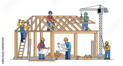 Construction workers building a house frame with blueprints and crane.