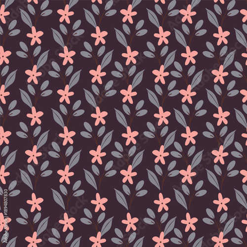 Seamless floral pattern, liberty ditsy print with cute large botany in retro folk style. Beautiful botanical design of hand drawn wild plants: flowers, leaves on black background. Vector illustration
