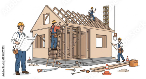Construction workers building a house frame with blueprints and tools.
