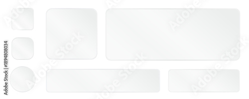 vector illustration: set of rectangular and round semi-transparent glass UI UX element frames morphism buttons with shiny reflections isolated on white or transparent png