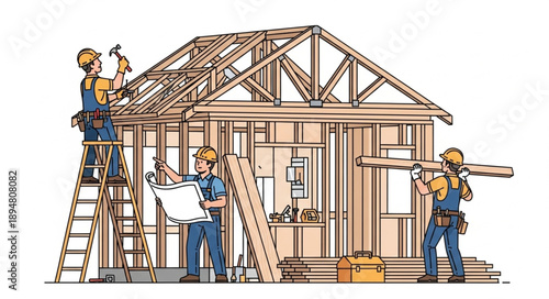 Construction workers building a house frame with blueprints.