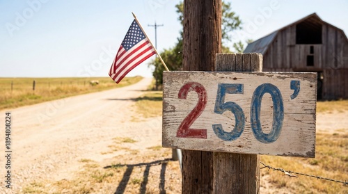 Wallpaper Mural Rustic wooden sign with painted number 250 and American flag on a dirt road near an old barn in the countryside. Torontodigital.ca