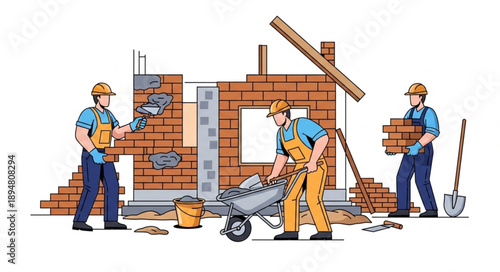 Construction workers building a brick wall with tools and materials.
