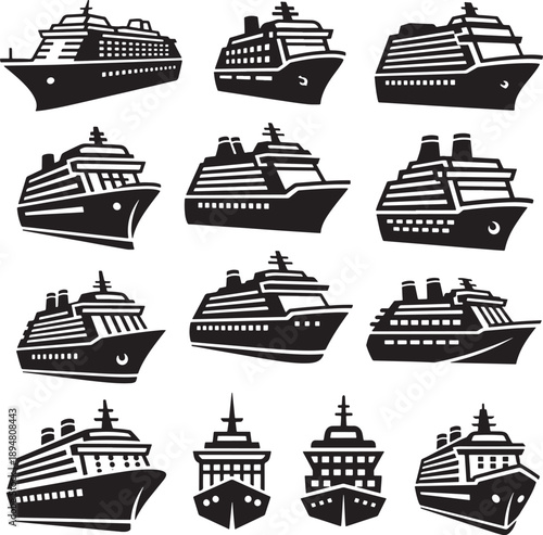 Set of 12 Cruise Ship Vectors in Flat Black and White Minimalist Style for Travel Designs