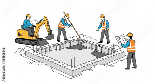 Construction workers building a foundation with excavator and concrete pouring.