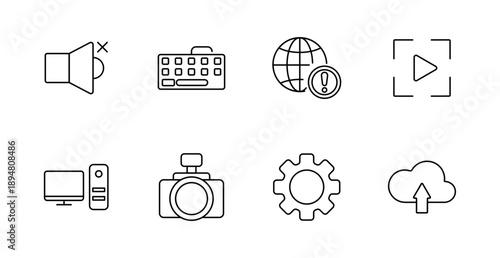 Technology set icon. Mute speaker, keyboard, globe with alert, play button, desktop, camera, gear, cloud upload showing digital access, multimedia, hardware, update.