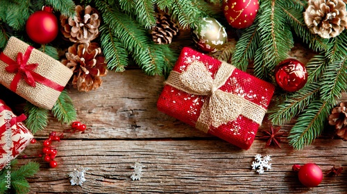 Rustic Christmas Charm: Festive Gifts, Pine Branches & Holiday Decor on Wooden Table