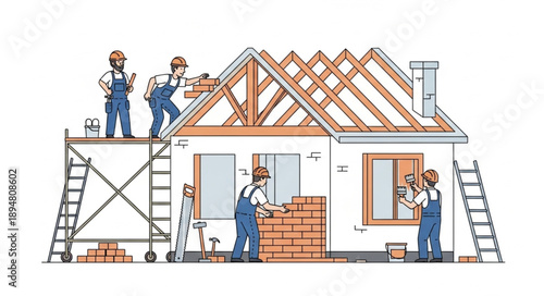 Construction workers building a house exterior and roof structure.