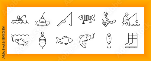 Fishing set icon. Boat, float, rod, hook, fish, boots, and lure icons shown in a minimal style representing fishing activities, gear, and freshwater or sport-related contexts.