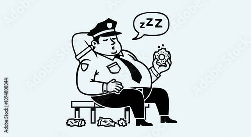 Sleeping Security Guard Holding Donut Cartoon.