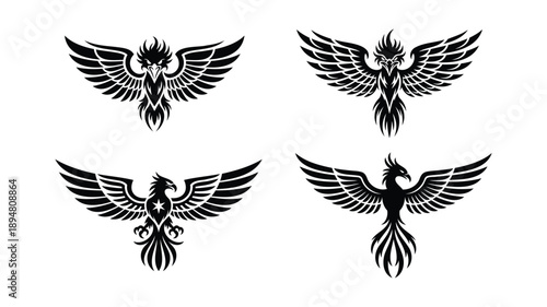 Four black phoenix bird silhouettes with spread wings