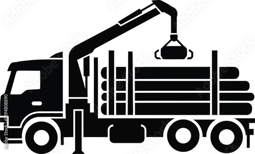 Logging truck with crane icon vector silhouette