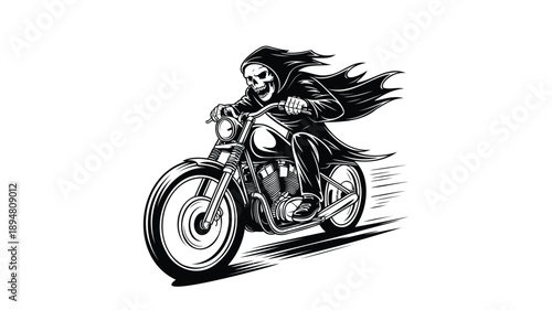 Grim Reaper riding a black motorcycle with flowing cloak