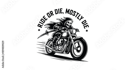 Grim Reaper riding a motorcycle with text skeleton