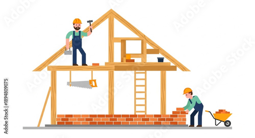 Construction workers building a house frame and brick wall.