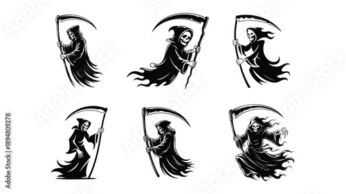 Six Grim Reaper figures with scythes in black and white
