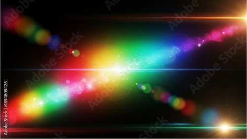 Vibrant rainbow lights intersecting with radiant beams in a dark space creating a dazzling display of colorful energy from a dynamic viewpoint