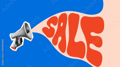 Sale banner. Collage animation with megaphone and groovy style word Sale. Advertising banner with halftone loudspeaker in hand. Marketing announcement