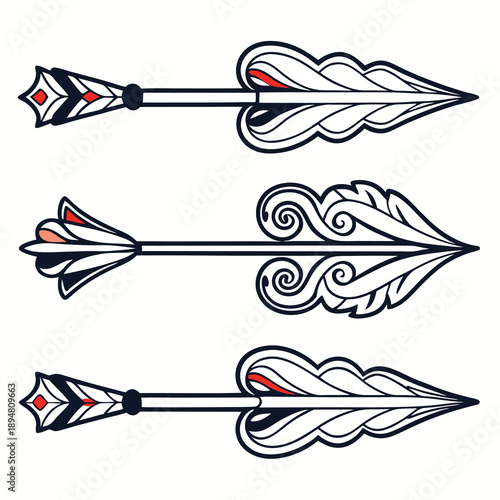 Set of ornate arrows with decorative feathers and red accents