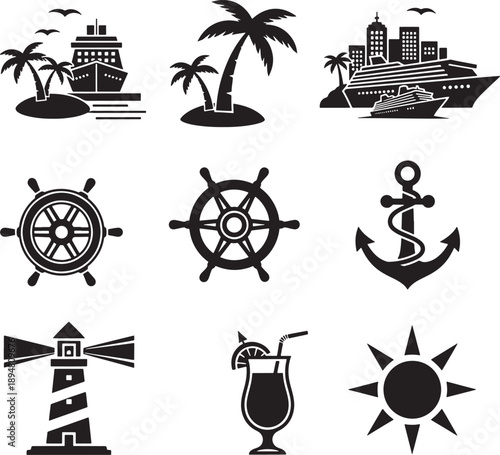 Minimalist Black and White Travel and Navigation Vector Icon Set