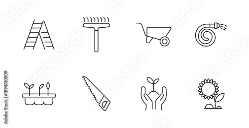 Gardening set icon. Ladder, rake, hose, saw, sprout, hands, plant, cart, watering, flower, equipment, outdoor, farming, growth