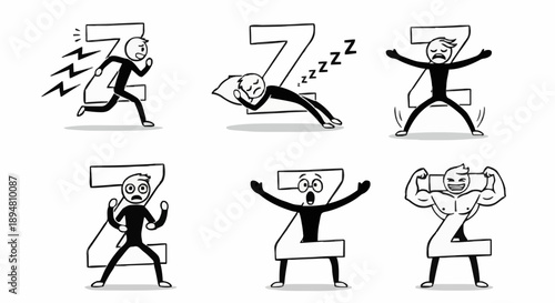 Stick Figure Character Poses Demonstrating Energy Levels.