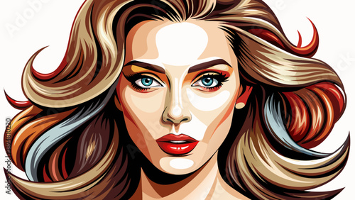 Very beautiful close-up portrait of a stylish American woman with bold modern makeup, defined features, glossy lips, and beautifully styled hair isolated on white background, expressing confidence and