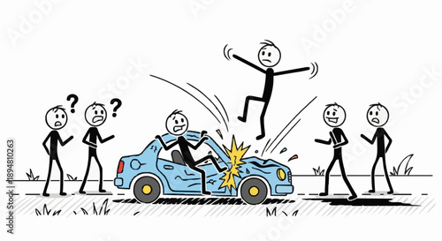 Stick figure car crash accident with people reacting.