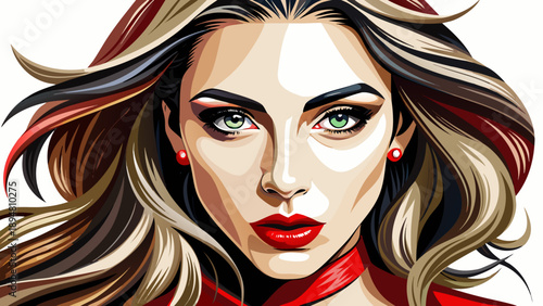 Very beautiful close-up portrait of a stylish American woman with bold modern makeup, defined features, glossy lips, and beautifully styled hair isolated on white background, expressing confidence and