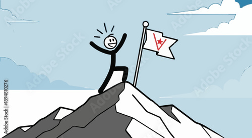 Stick figure celebrates reaching mountain summit with flag.