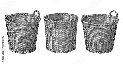 Set of three handwoven wicker baskets with handles in black and white illustration
