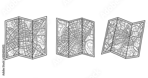 Three detailed folded city maps: illustrated urban planning and street layouts