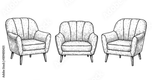 Vintage armchair set sketch: three mid-century designs with detailed lines