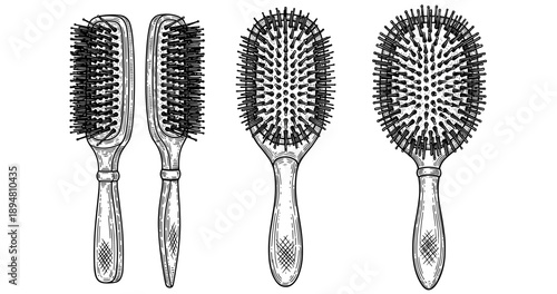 Detailed black and white illustration of hairbrushes: set of three varied styles with handles and bristles