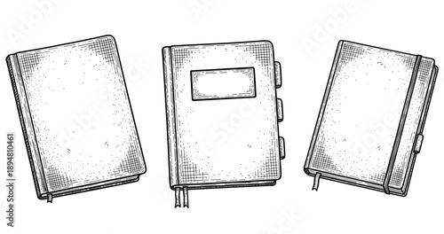 Vintage sketch of three blank hardcover notebooks with detailed texture