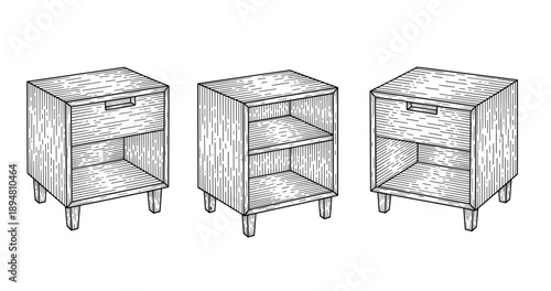 Three wooden nightstands with open shelves and drawer in line art style