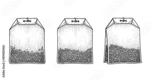 Set of three vintage tea bags with detailed stippling design