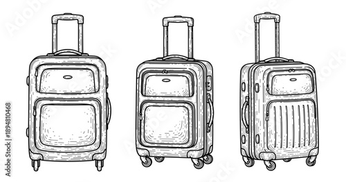 Set of three stylish wheeled suitcases with telescopic handles in black and white sketch