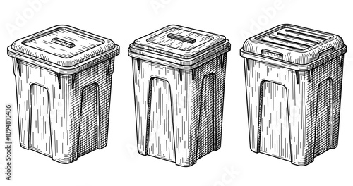 Vintage trash bins sketch - three lidded rectangular containers