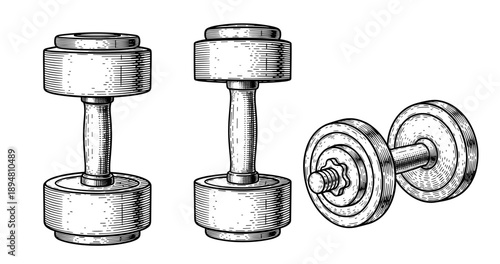 Vintage dumbbells illustration with three hand-drawn variations
