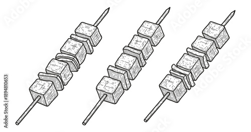 Sketched wooden skewers with cubes in detailed line art