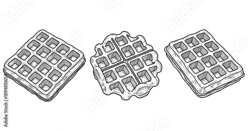 Hand-drawn variety of waffles sketch in black and white