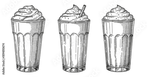 Illustration of three milkshakes with whipped cream in vintage glasses