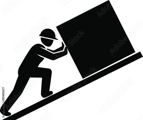 Black silhouette of a person pushing a large box isolated on white background.