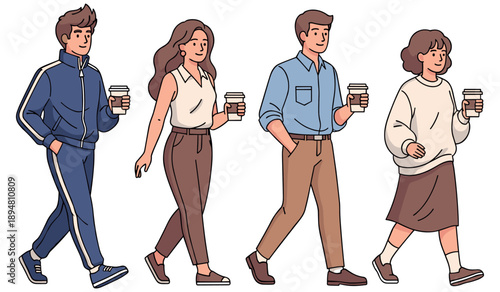 Group of diverse animated young adults walking with coffee cups