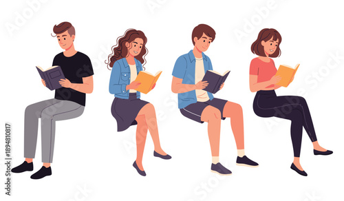 Diverse group of young adults reading books together