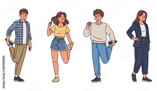 Diverse young adults exercising and relaxing in casual outfits