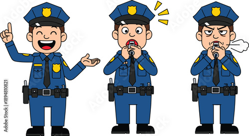 Cartoon police officer character set showing different expressions and actions, law enforcement concept illustration for safety, authority, communication, 
