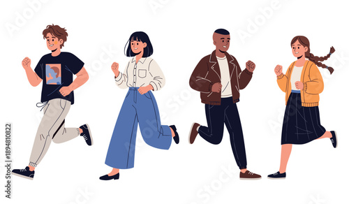 Diverse group of teens jogging: multiracial male and female youth in casual activewear
